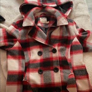 Plaid red/black/white pea coat